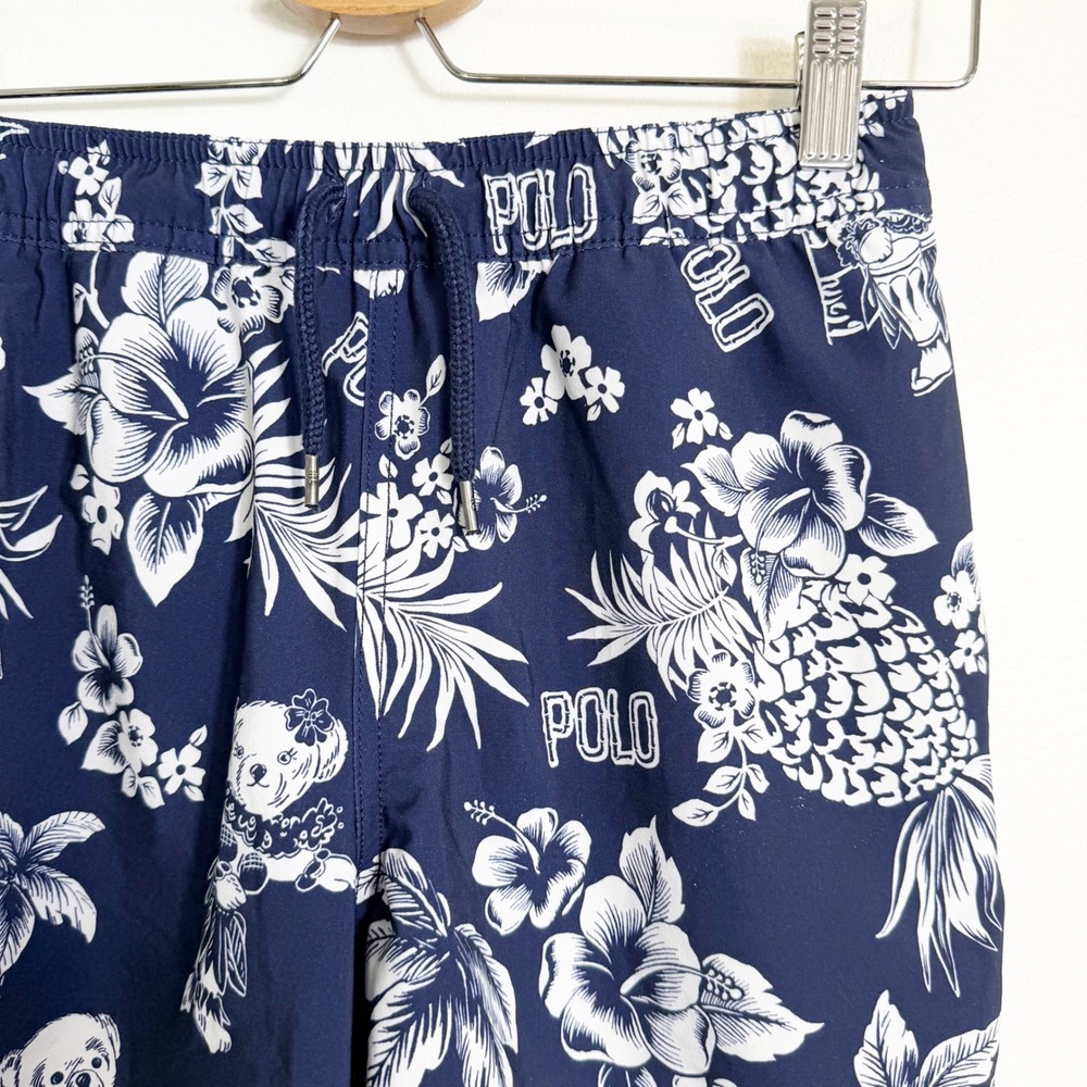 Polo Ralph Lauren Swim Trunks Boys M 10-12 Navy Blue Hawaiian Polo Bear Tropical